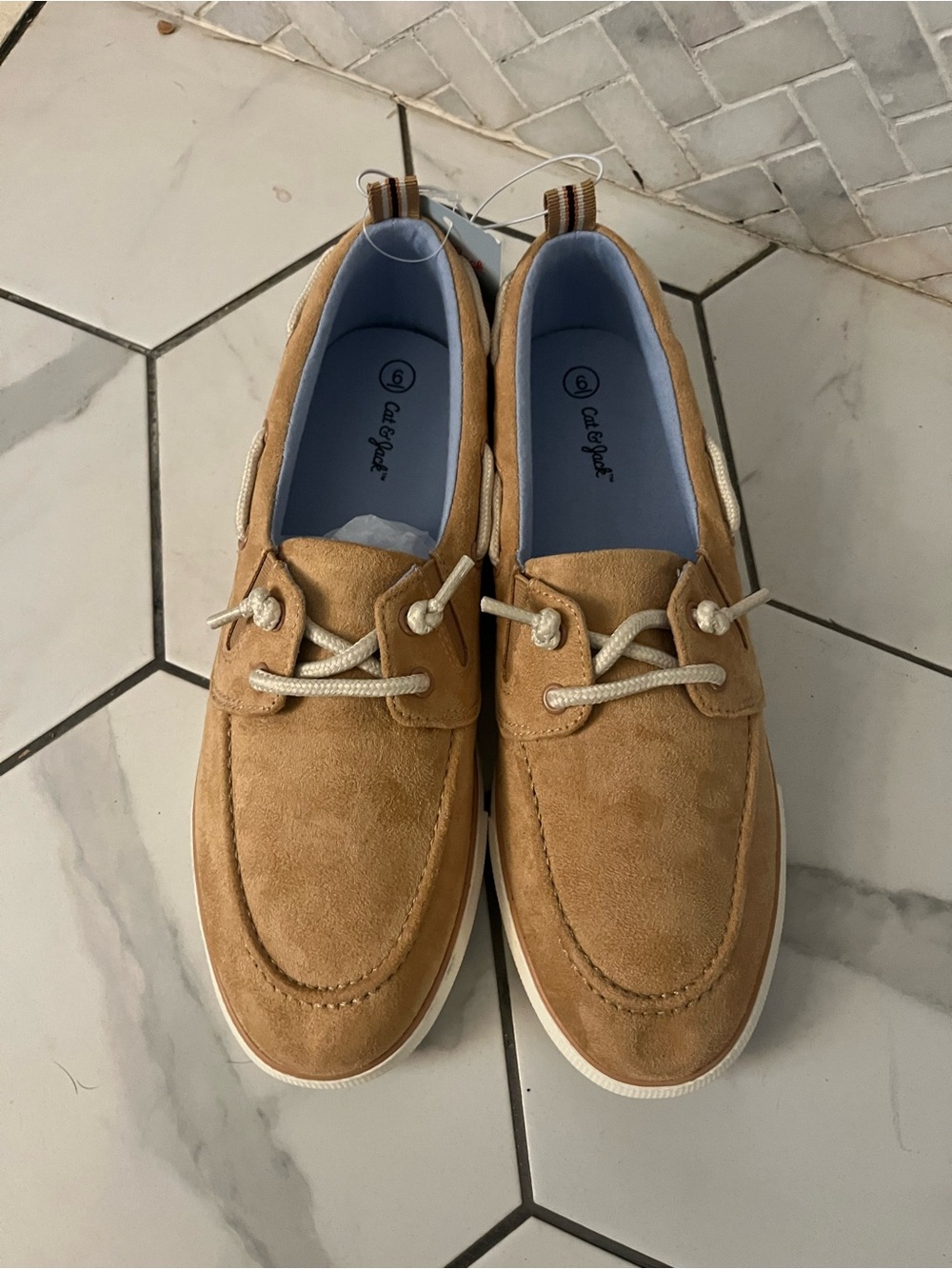 Cat & Jack Men's Tan Suede Boat Shoes with Cream Laces